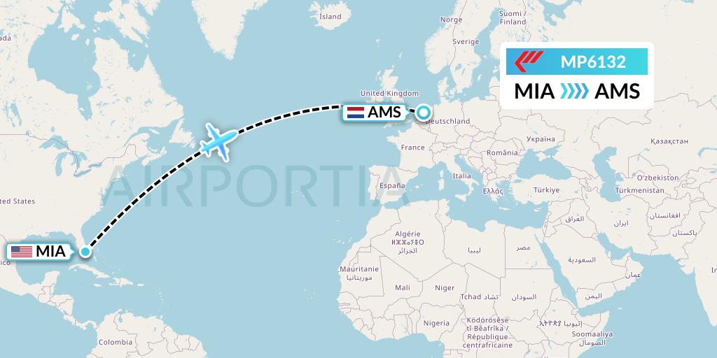 MP6132 Martinair Holland Flight Map: Miami to Amsterdam