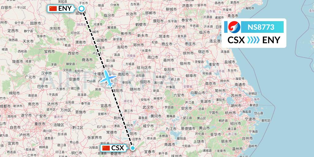 NS8773 Hebei Airlines Flight Map: Changsha to Yan'an