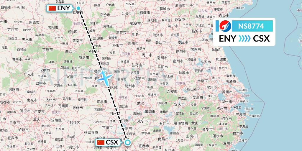 NS8774 Hebei Airlines Flight Map: Yan'an to Changsha