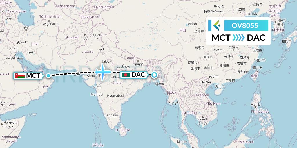 OV8055 SalamAir Flight Map: Muscat to Dhaka