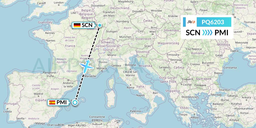 PQ6203 SkyUp Airlines Flight Map: Saarbrucken to Palma de Mallorca