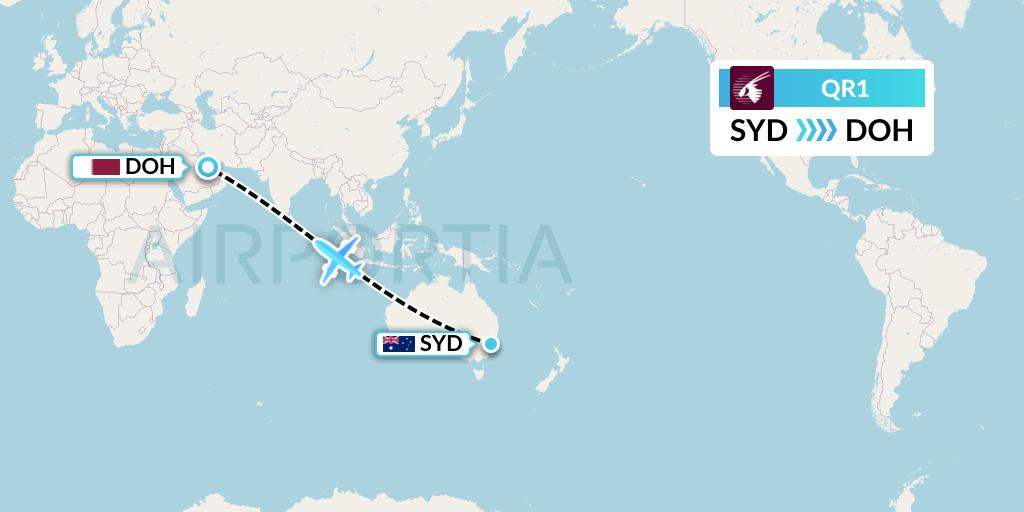 QR1 Qatar Airways Flight Map: Sydney to Doha