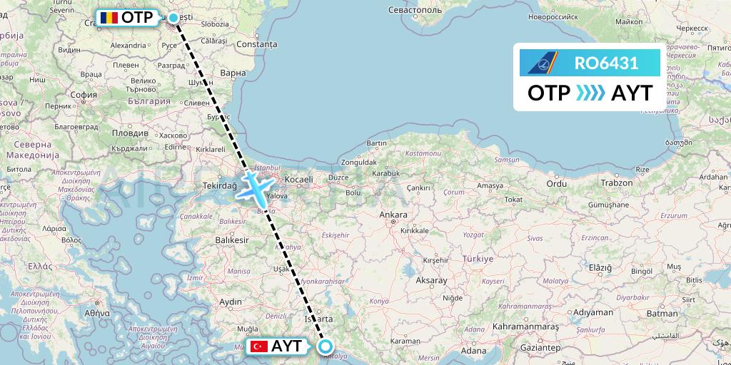 RO6431 Tarom Flight Map: Bucharest to Antalya
