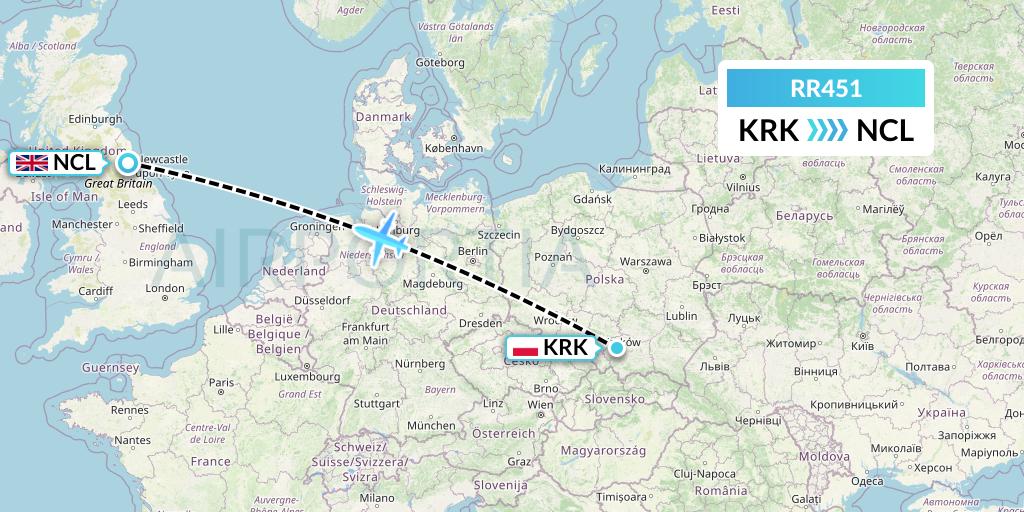 RR451 Royal Air Force Flight Map: Krakow to Newcastle