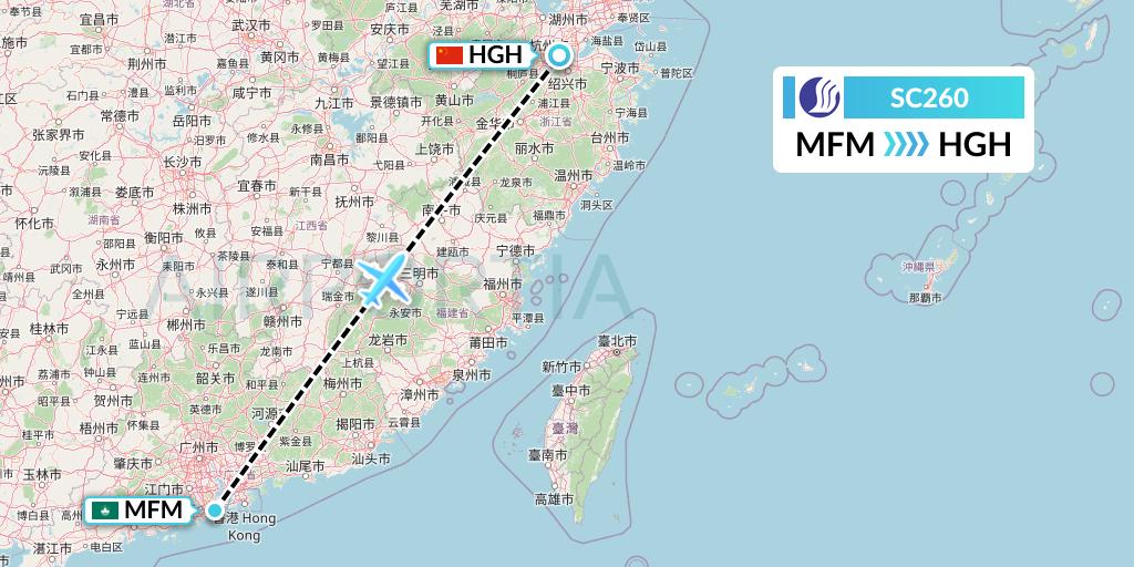 SC260 Shandong Airlines Flight Map: Macau to Hangzhou