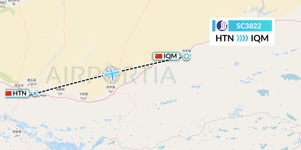 SC3822 Shandong Airlines Flight Map: Hotan to Qiemo