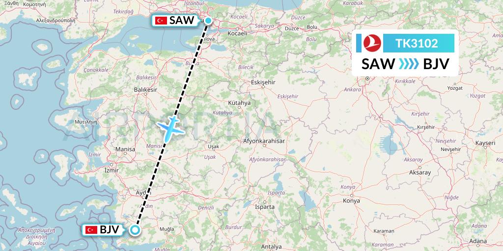 TK3102 Turkish Airlines Flight Map: Istanbul to Bodrum
