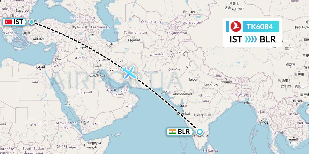 TK6084 Turkish Airlines Flight Map: Istanbul to Bangalore