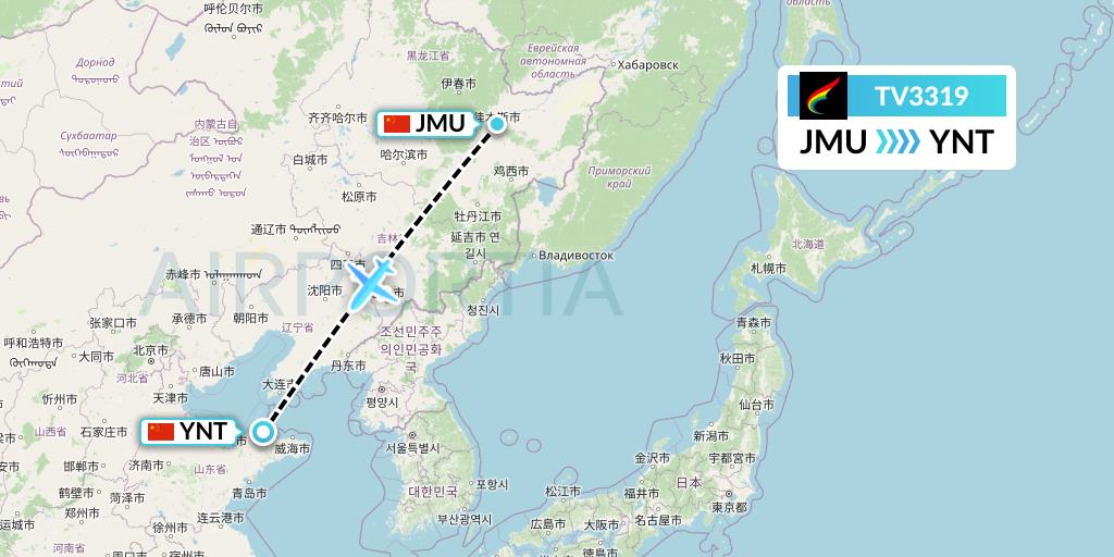 TV3319 Tibet Airlines Flight Map: Jiamusi to Yantai