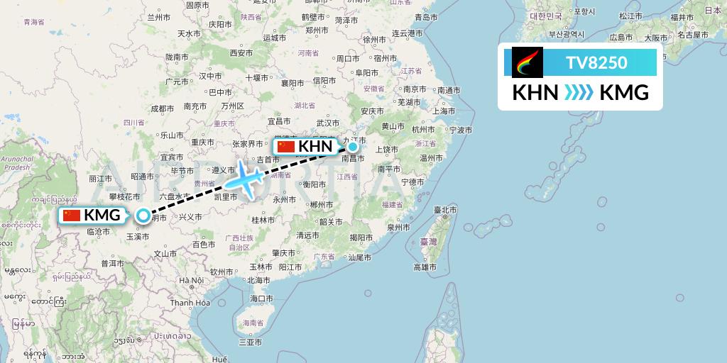 TV8250 Tibet Airlines Flight Map: Nanchang to Kunming