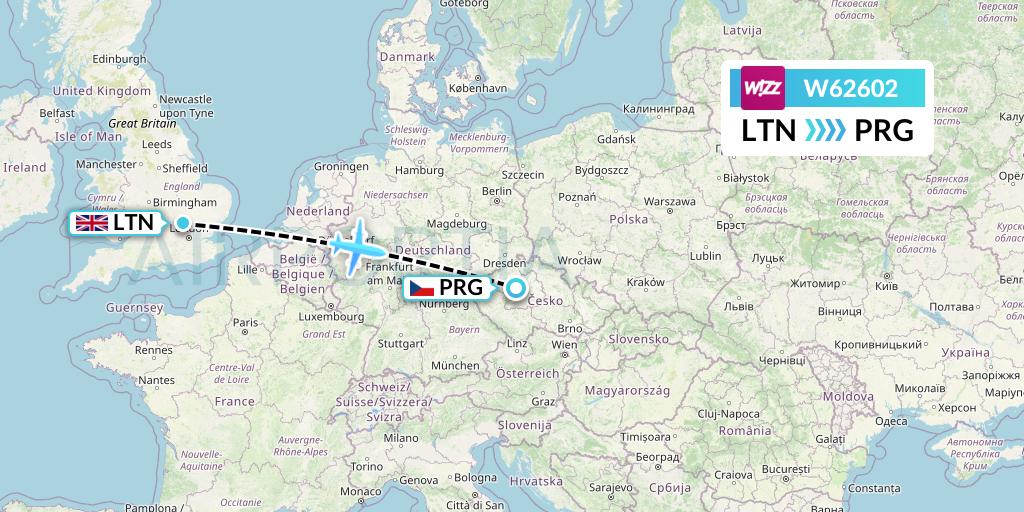 W62602 Wizz Air Flight Map: London to Prague