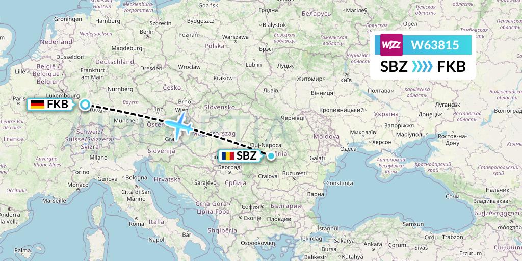 W63815 Wizz Air Flight Map: Sibiu to Karlsruhe/Baden-Baden