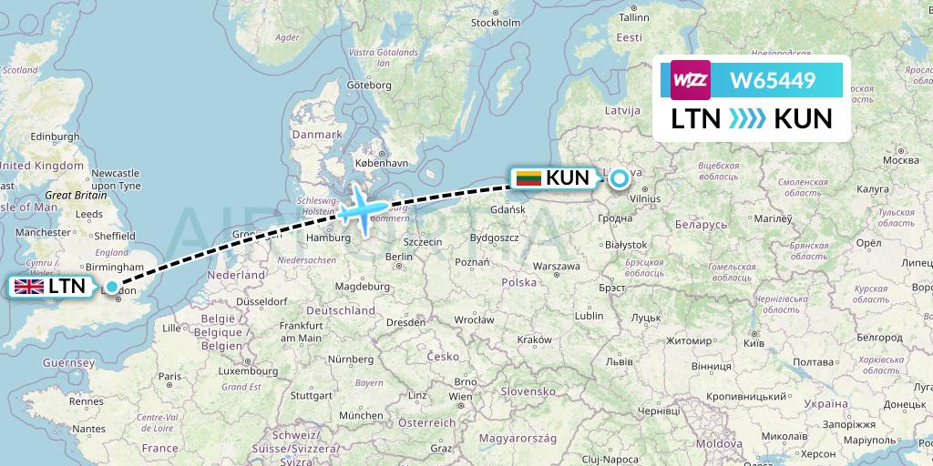 W65449 Wizz Air Flight Map: London to Kaunas