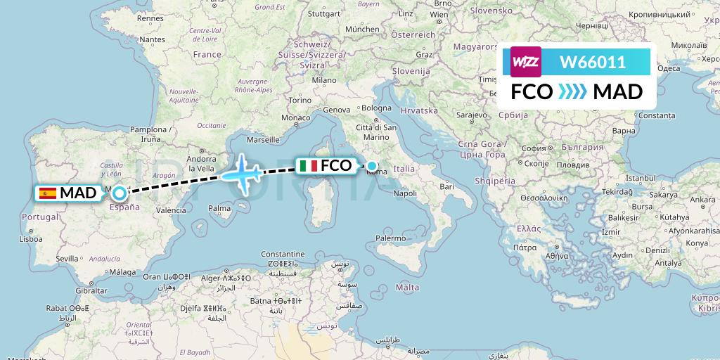 W66011 Wizz Air Flight Map: Rome to Madrid