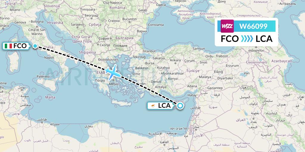 W66099 Wizz Air Flight Map: Rome to Larnaca