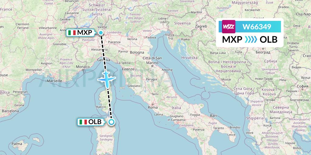 W66349 Wizz Air Flight Map: Milan to Olbia