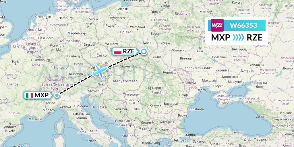 W66353 Wizz Air Flight Map: Milan to Rzeszow