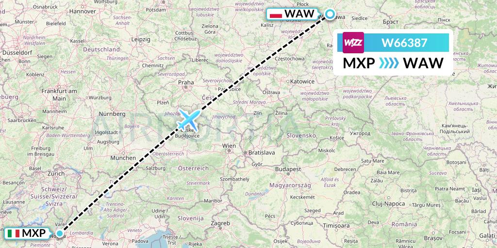 W66387 Wizz Air Flight Map: Milan to Warsaw