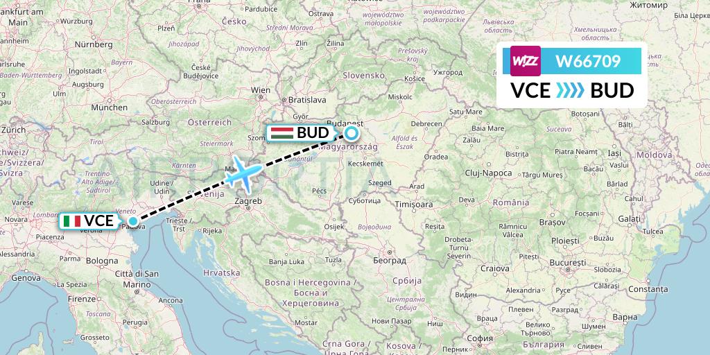 W66709 Wizz Air Flight Map: Venice to Budapest