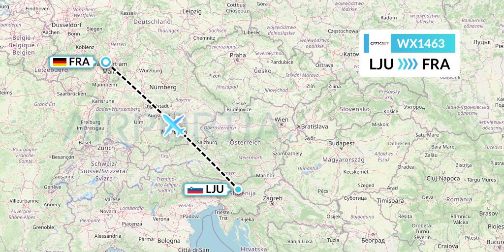 WX1463 Cityjet Flight Map: Ljubljana to Frankfurt