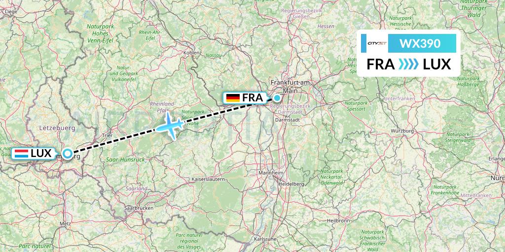 WX390 Cityjet Flight Map: Frankfurt to Luxembourg