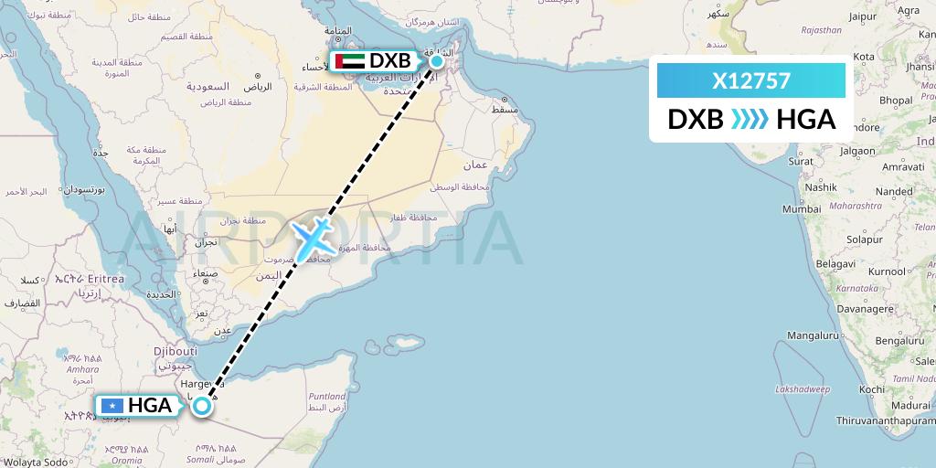 X12757 Nik Airways Flight Map: Dubai to Hargeisa