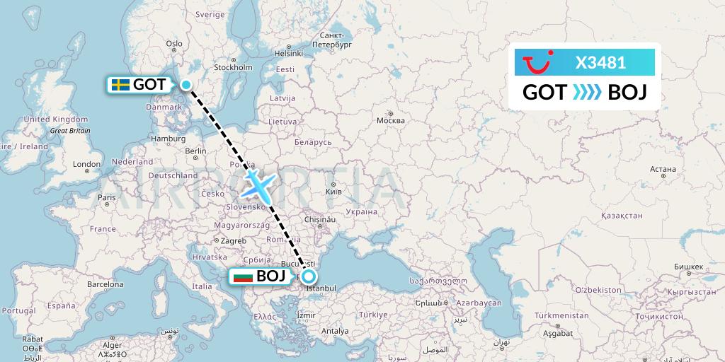 X3481 TUI fly Germany Flight Map: Gothenburg to Burgas
