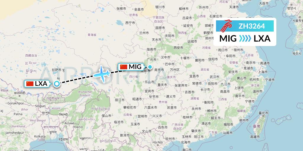 ZH3264 Shenzhen Airlines Flight Map: Mianyang to Lhasa