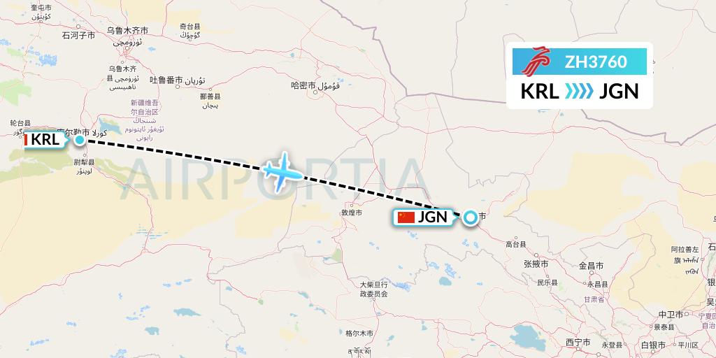 ZH3760 Shenzhen Airlines Flight Map: Korla to Jiayuguan