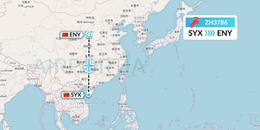ZH3786 Shenzhen Airlines Flight Map: Sanya to Yan'an