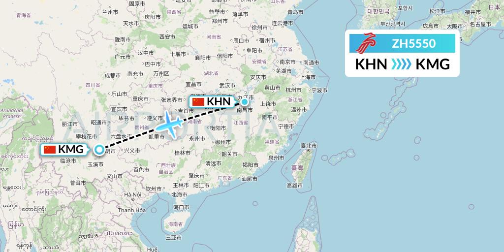 ZH5550 Shenzhen Airlines Flight Map: Nanchang to Kunming