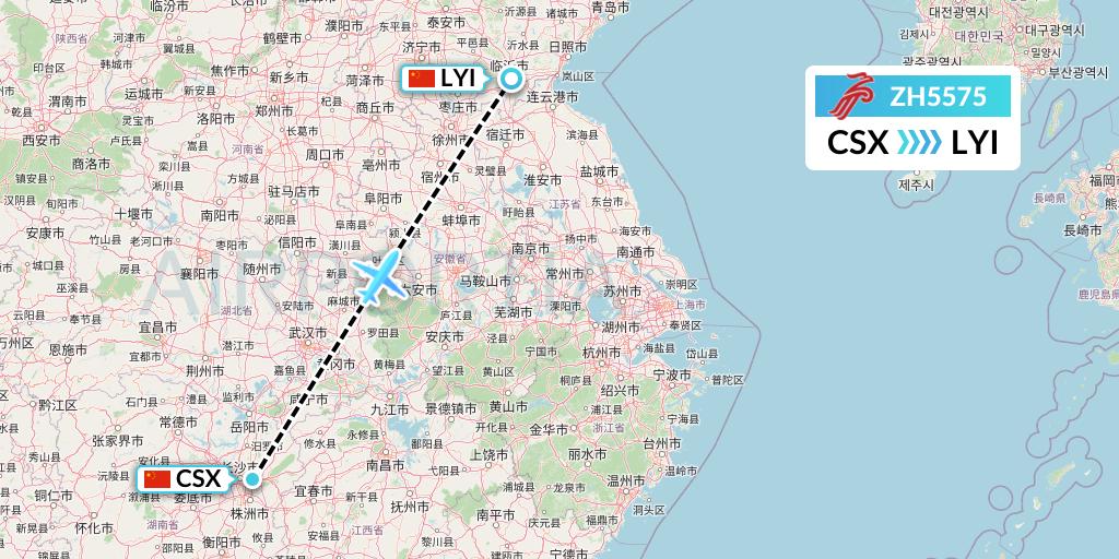 ZH5575 Shenzhen Airlines Flight Map: Changsha to Linyi