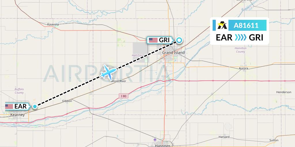 A81611 Aerolink Uganda Flight Map: Kearney to Grand Island