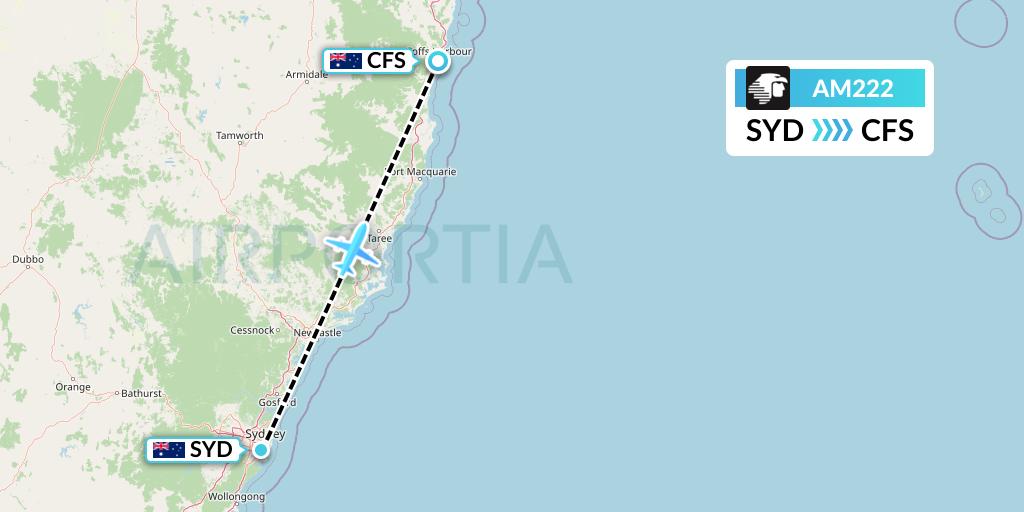 AM222 Aeromexico Flight Map: Sydney to Coffs Harbour