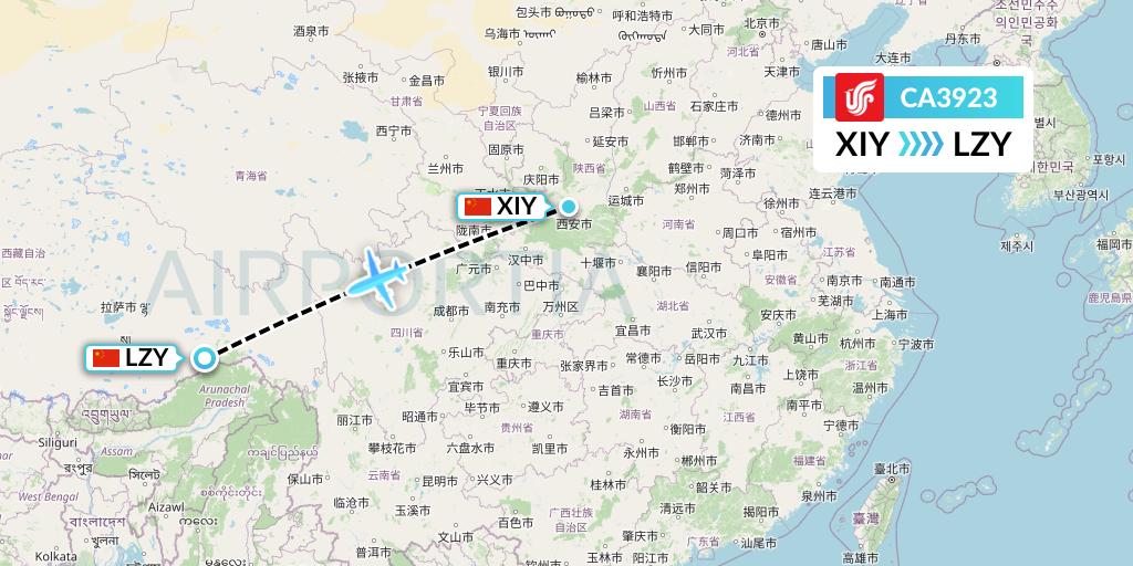 CA3923 Air China Flight Map: Xi'an to Nyingchi