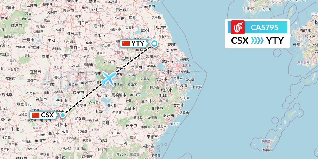 CA5795 Air China Flight Map: Changsha to Yangzhou
