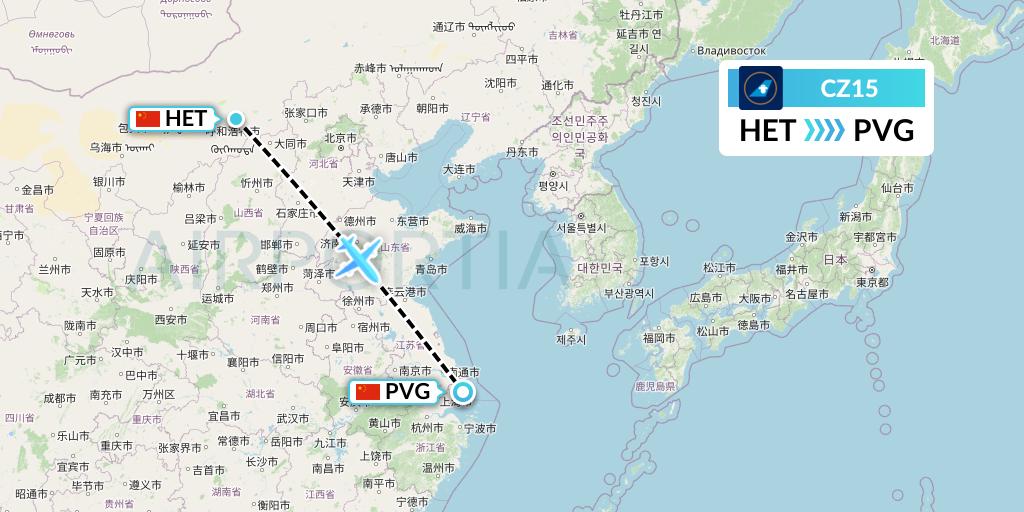 CZ15 China Southern Airlines Flight Map: Hohhot to Shanghai