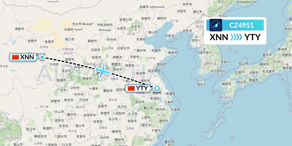 CZ4951 China Southern Airlines Flight Map: Xining to Yangzhou
