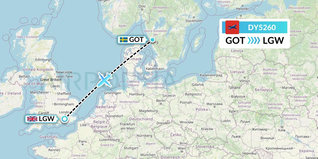 DY5260 Norwegian Flight Map: Gothenburg to London