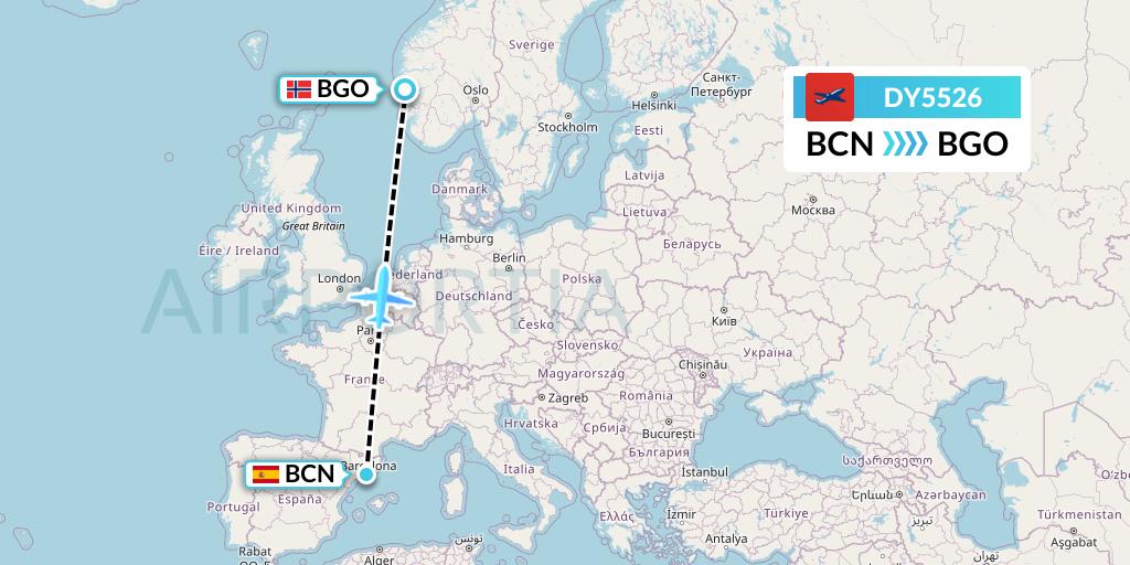DY5526 Norwegian Flight Map: Barcelona to Bergen