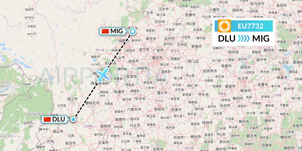 EU7732 Chengdu Airlines Flight Map: Dali to Mianyang