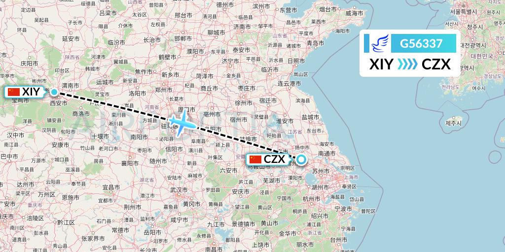 G56337 China Express Airlines Flight Map: Xi'an to Changzhou
