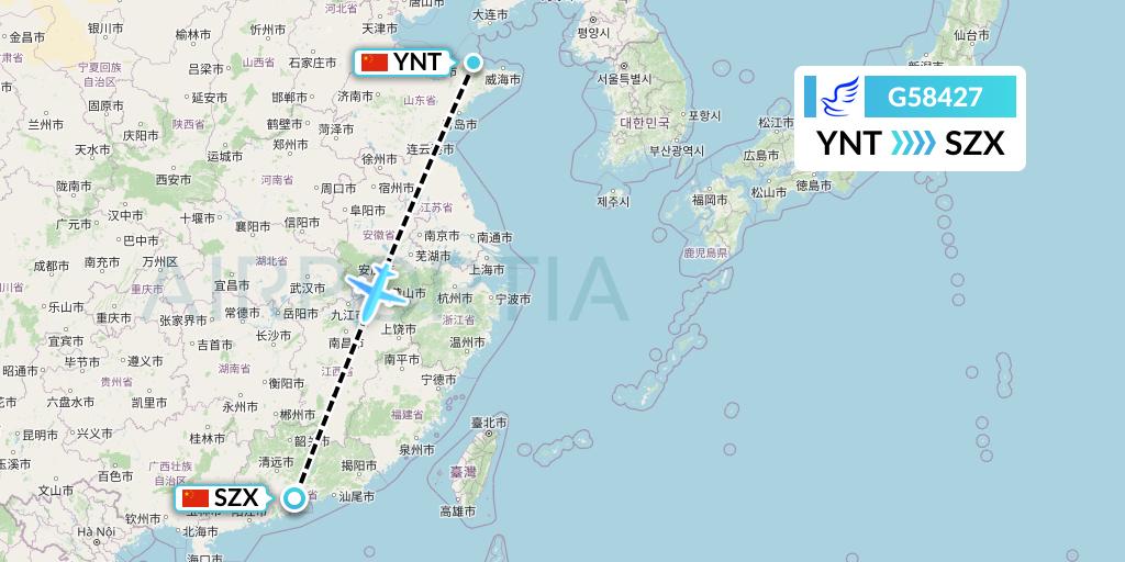 G58427 China Express Airlines Flight Map: Yantai to Shenzhen