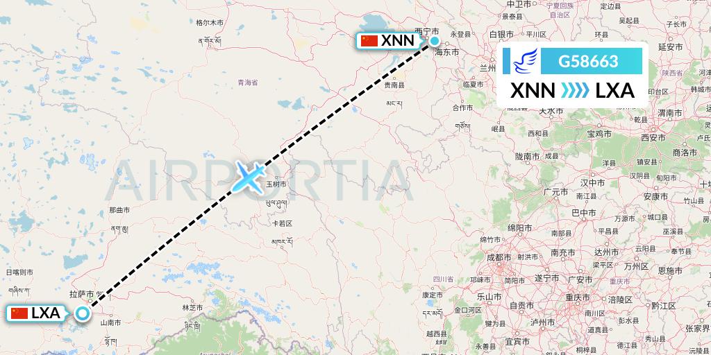 G58663 China Express Airlines Flight Map: Xining to Lhasa