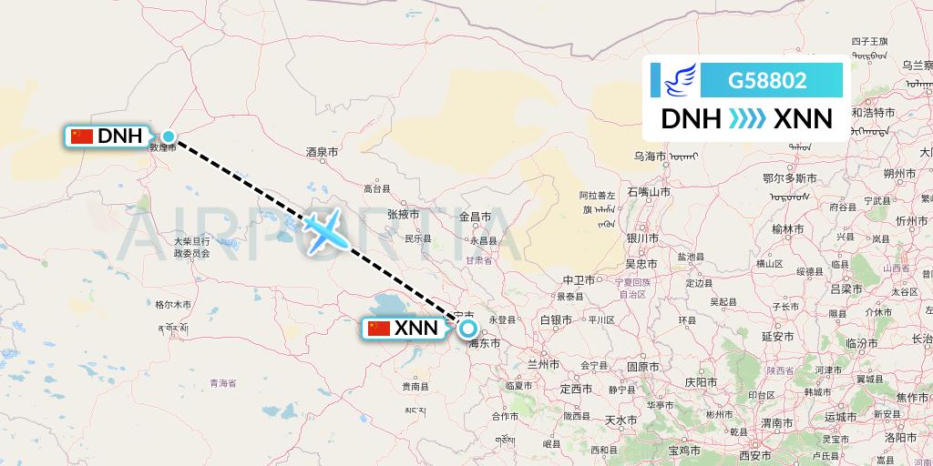 G58802 China Express Airlines Flight Map: Dunhuang to Xining