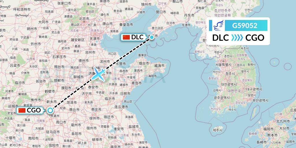G59052 China Express Airlines Flight Map: Dalian to Zhengzhou