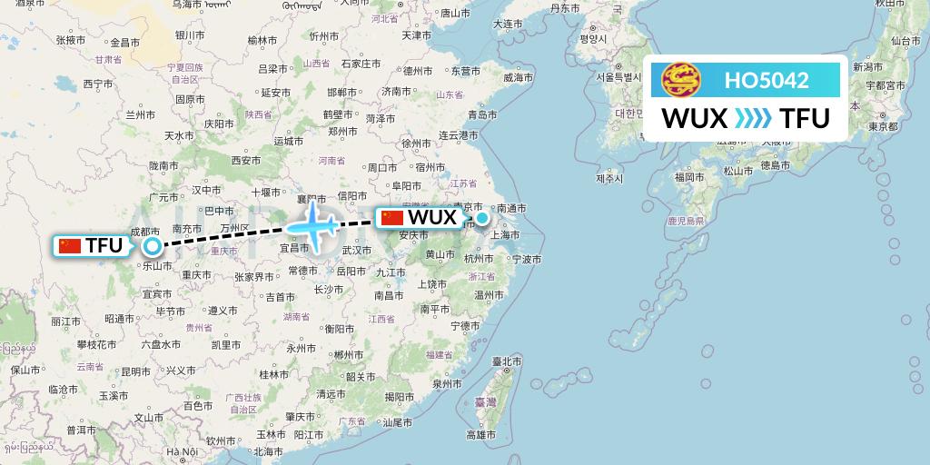 HO5042 Juneyao Airlines Flight Map: Wuxi to Chengdu