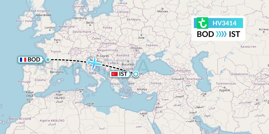 HV3414 Transavia Flight Map: Bordeaux to Istanbul