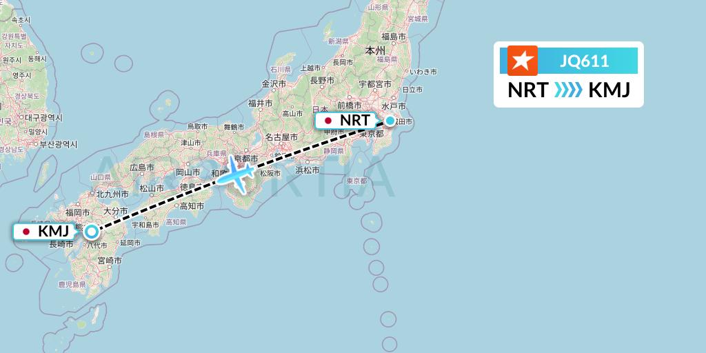 JQ611 Jetstar Airways Flight Map: Tokyo to Kumamoto