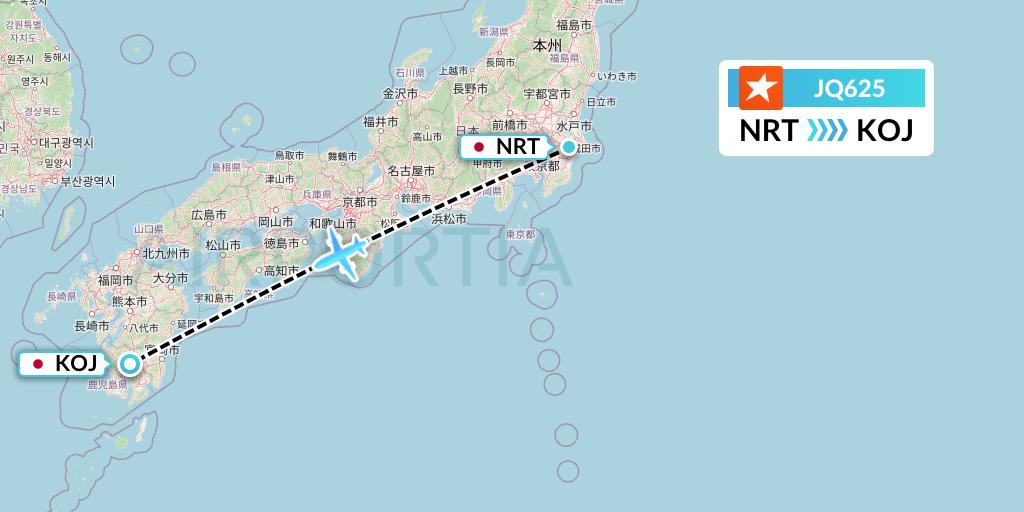 JQ625 Jetstar Airways Flight Map: Tokyo to Kagoshima
